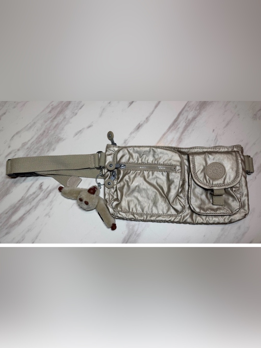 Kipling Silver Waist Pack Monkey Keychain Adjustable Strap Pockets